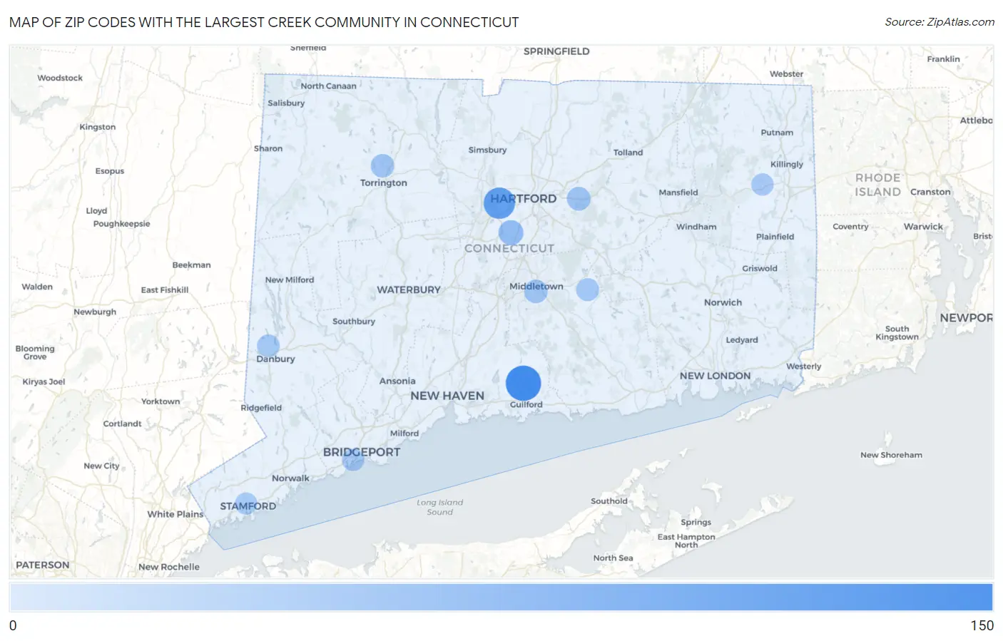 Zip Codes with the Largest Creek Community in Connecticut Map