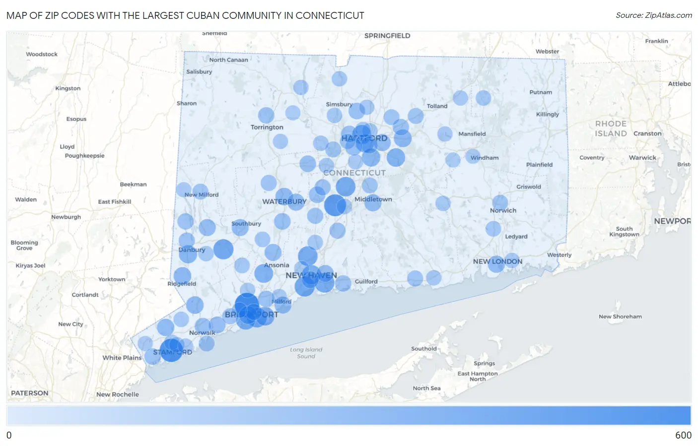 Zip Codes with the Largest Cuban Community in Connecticut Map