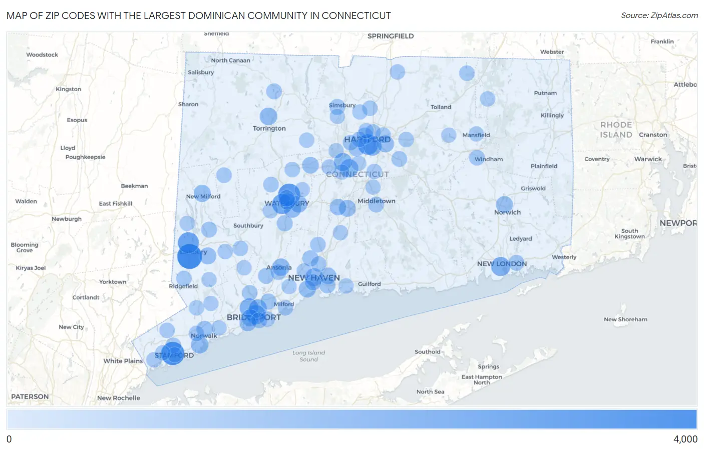 Zip Codes with the Largest Dominican Community in Connecticut Map