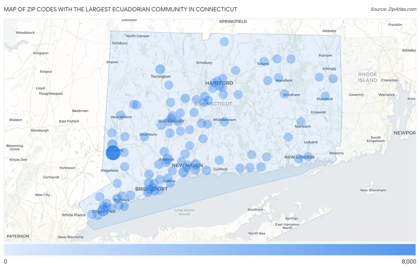 Zip Codes with the Largest Ecuadorian Community in Connecticut Map