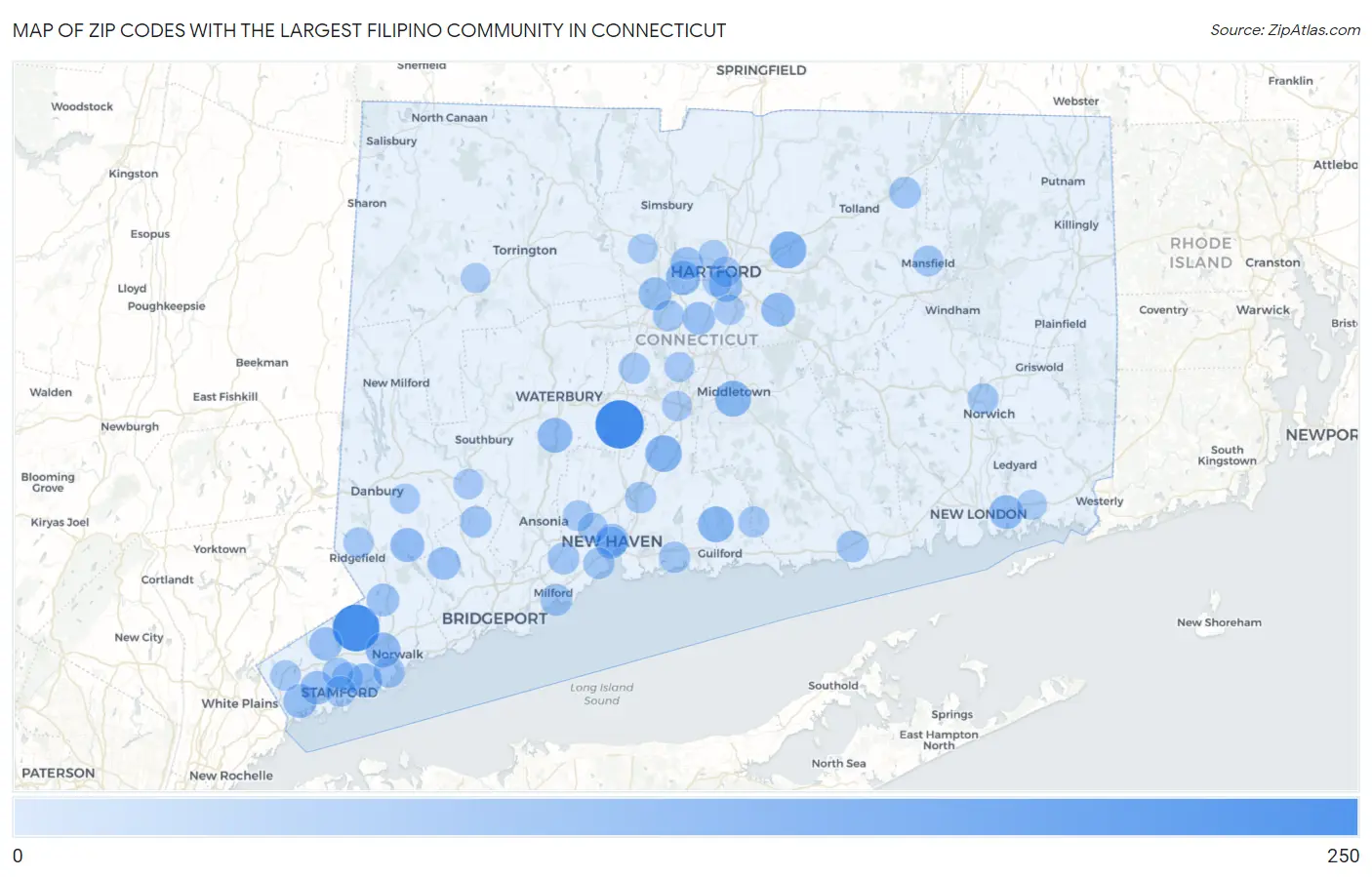 Zip Codes with the Largest Filipino Community in Connecticut Map