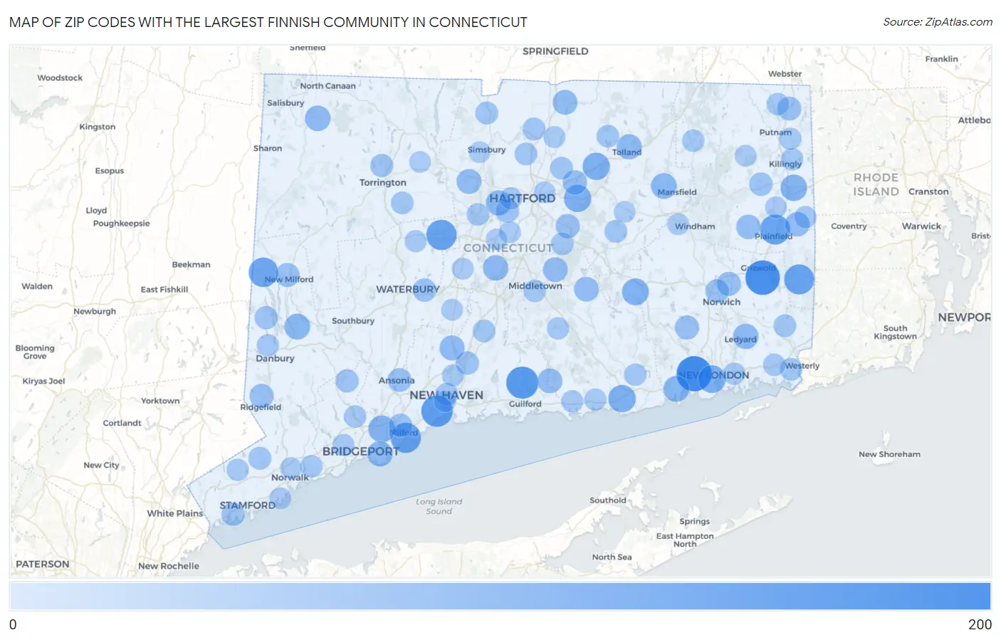Zip Codes with the Largest Finnish Community in Connecticut Map