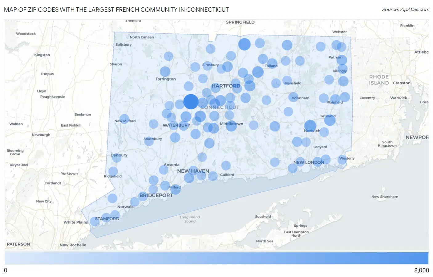 Zip Codes with the Largest French Community in Connecticut Map