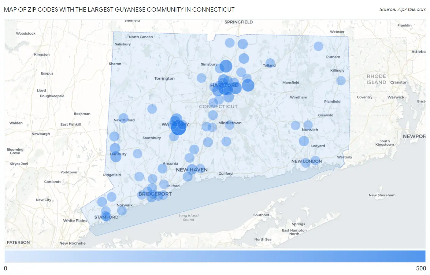 Zip Codes with the Largest Guyanese Community in Connecticut Map