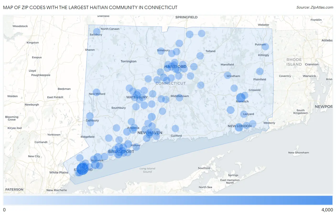 Zip Codes with the Largest Haitian Community in Connecticut Map