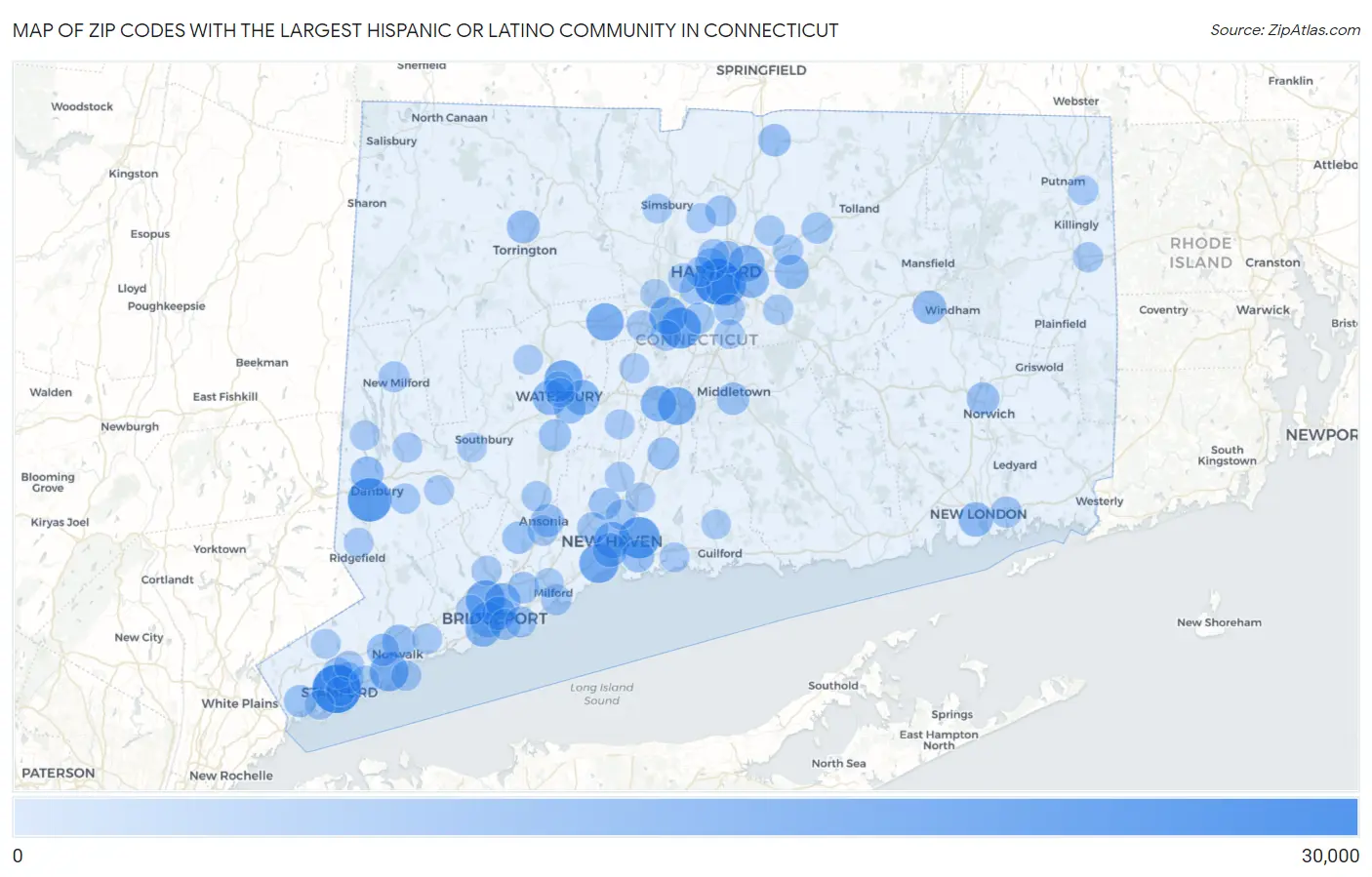 Zip Codes with the Largest Hispanic or Latino Community in Connecticut Map