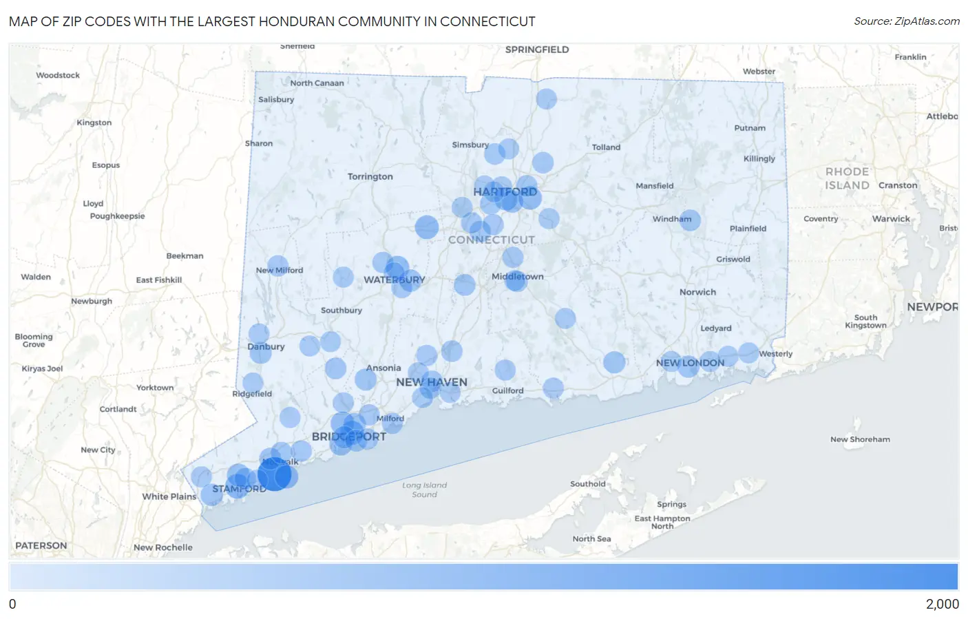 Zip Codes with the Largest Honduran Community in Connecticut Map