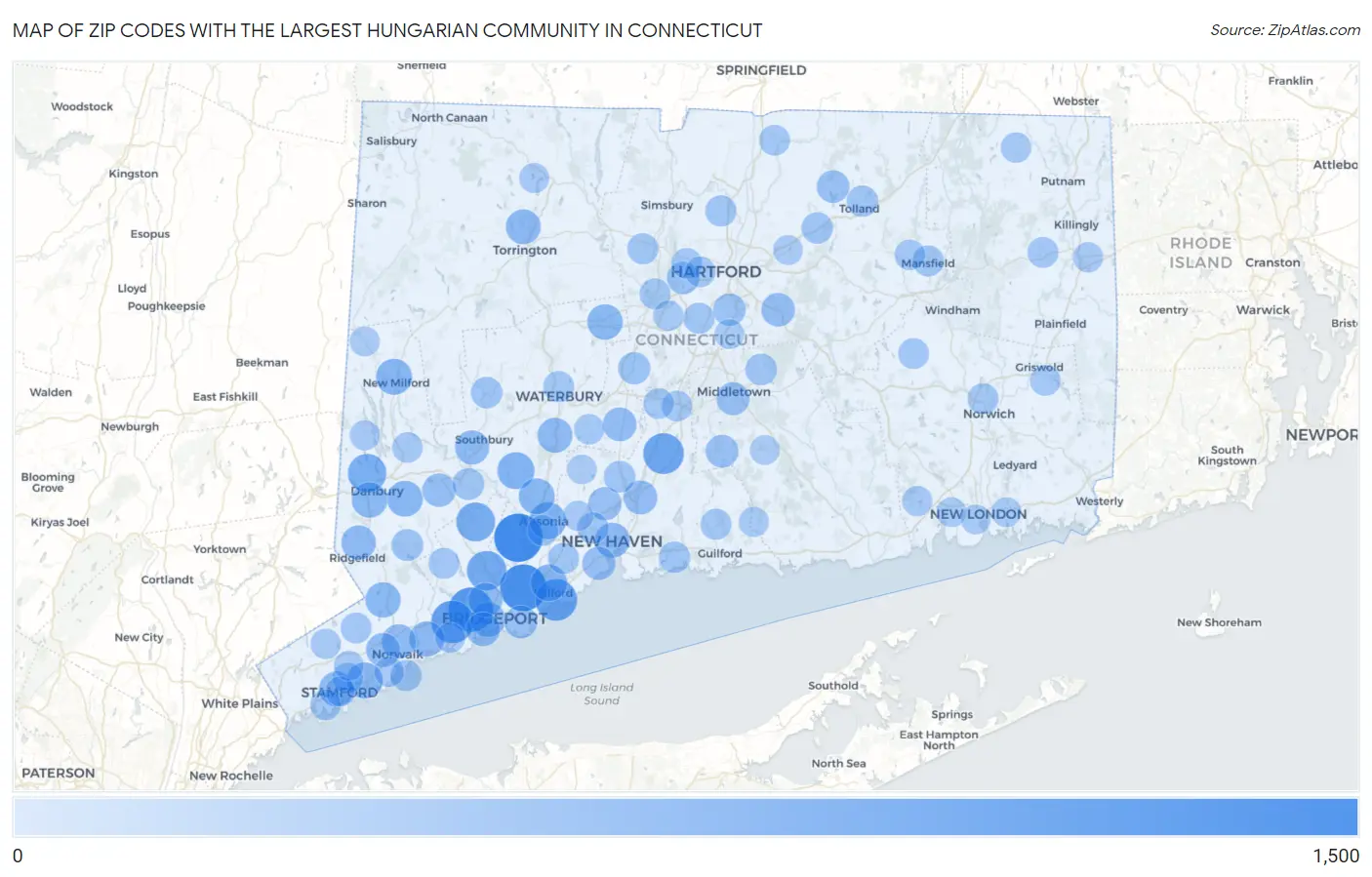Zip Codes with the Largest Hungarian Community in Connecticut Map