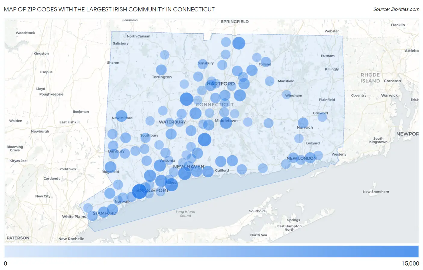 Zip Codes with the Largest Irish Community in Connecticut Map