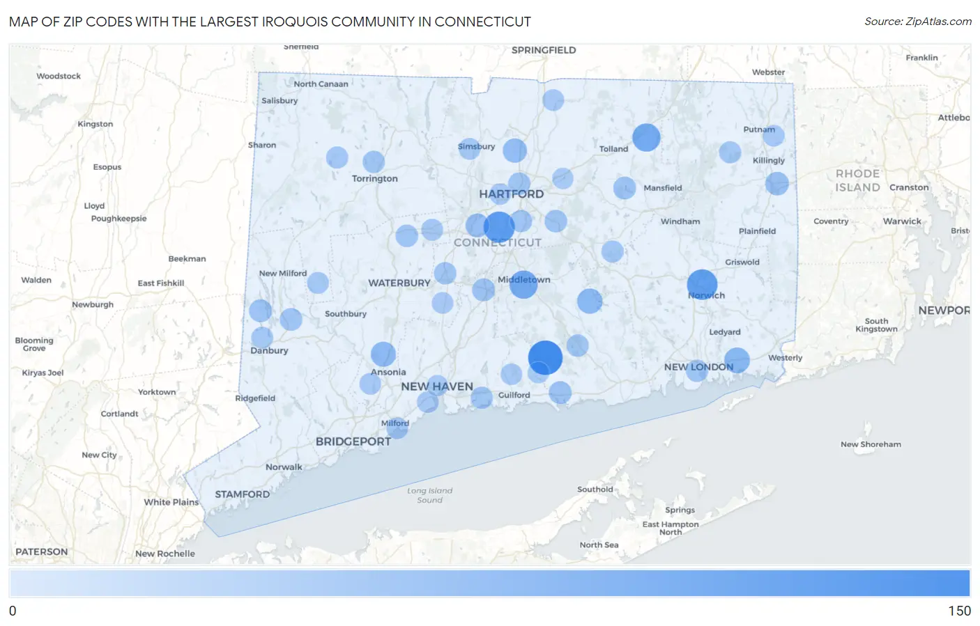 Zip Codes with the Largest Iroquois Community in Connecticut Map
