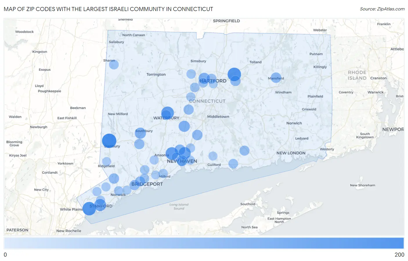 Zip Codes with the Largest Israeli Community in Connecticut Map
