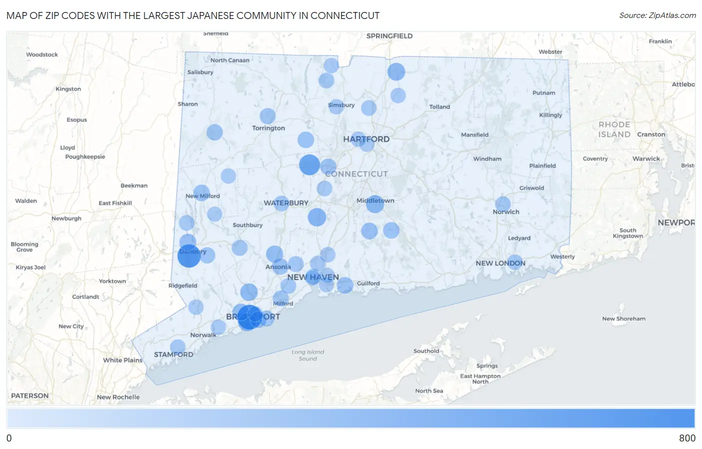 Zip Codes with the Largest Japanese Community in Connecticut Map