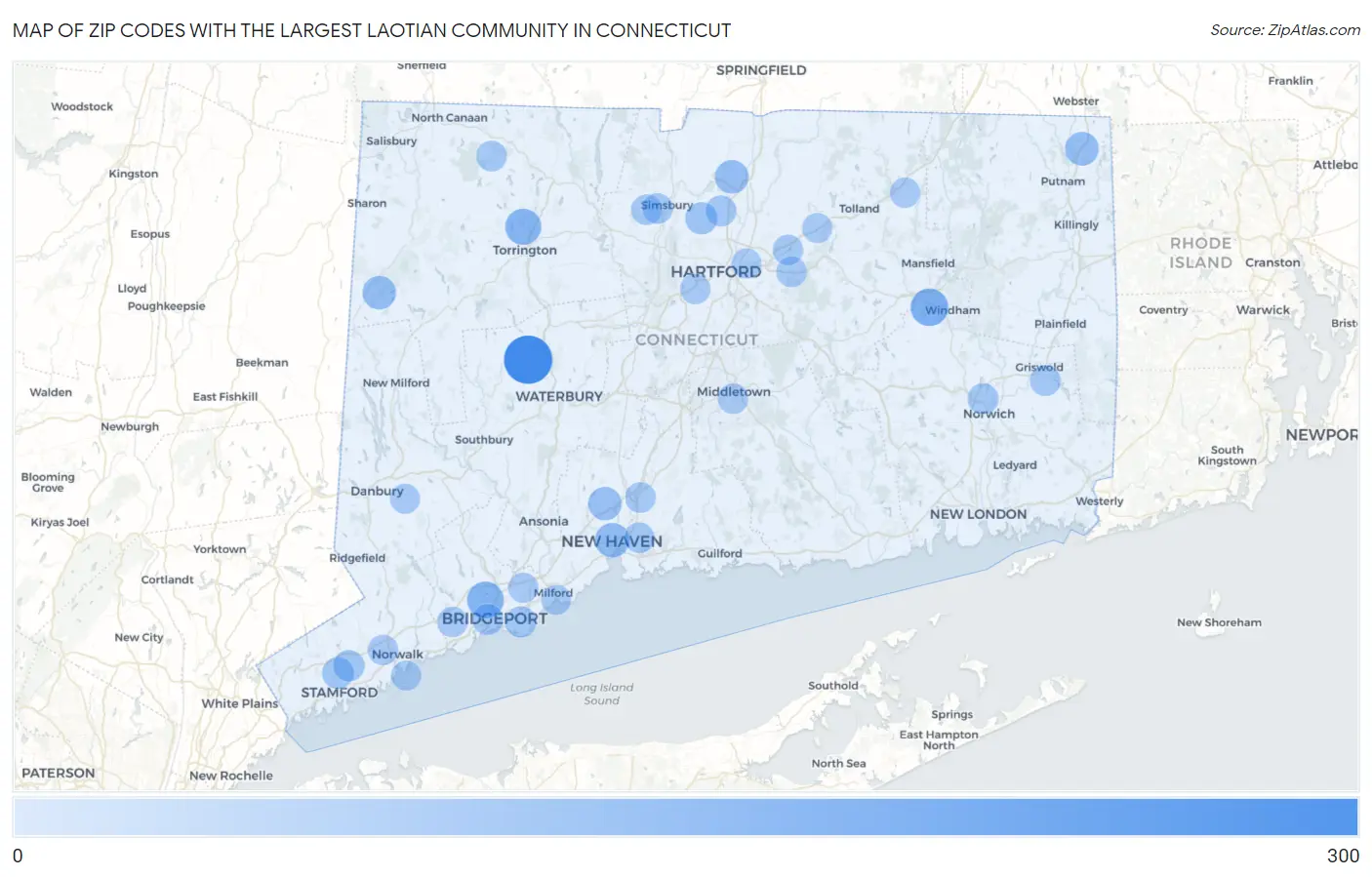 Zip Codes with the Largest Laotian Community in Connecticut Map