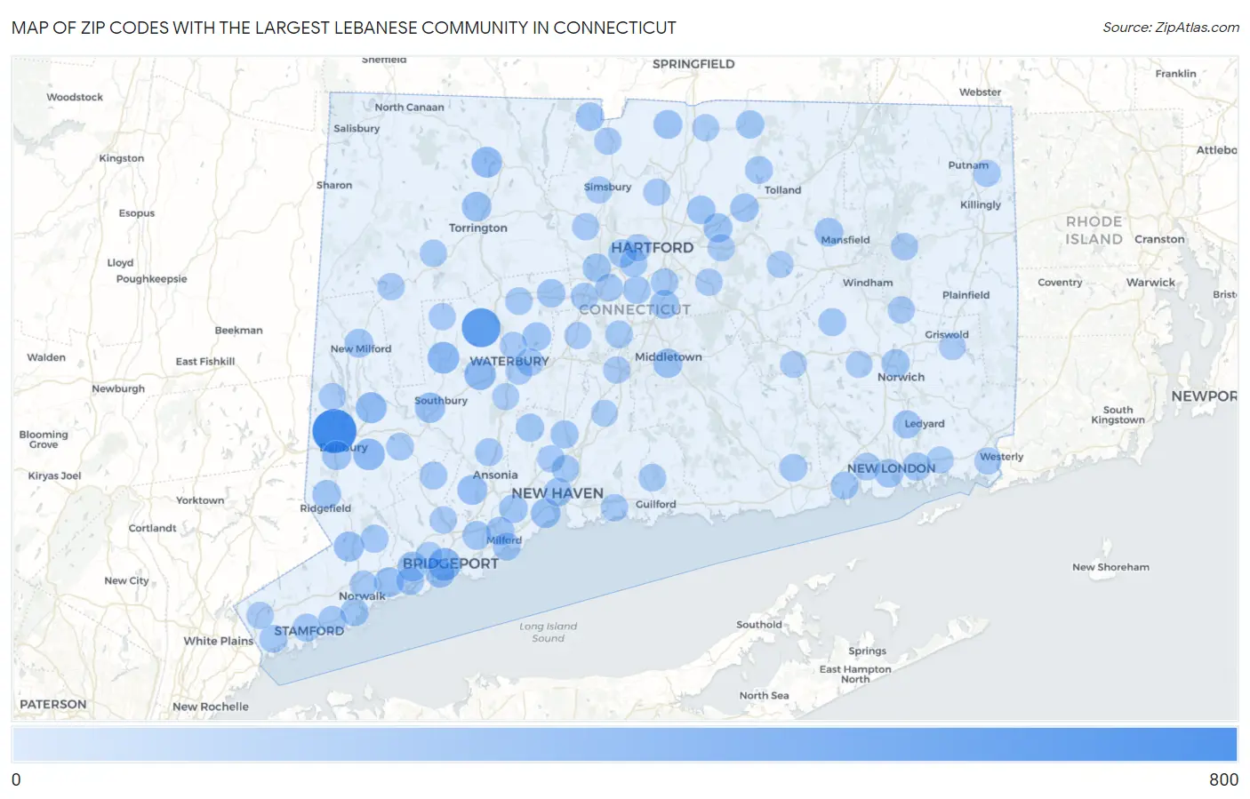 Zip Codes with the Largest Lebanese Community in Connecticut Map