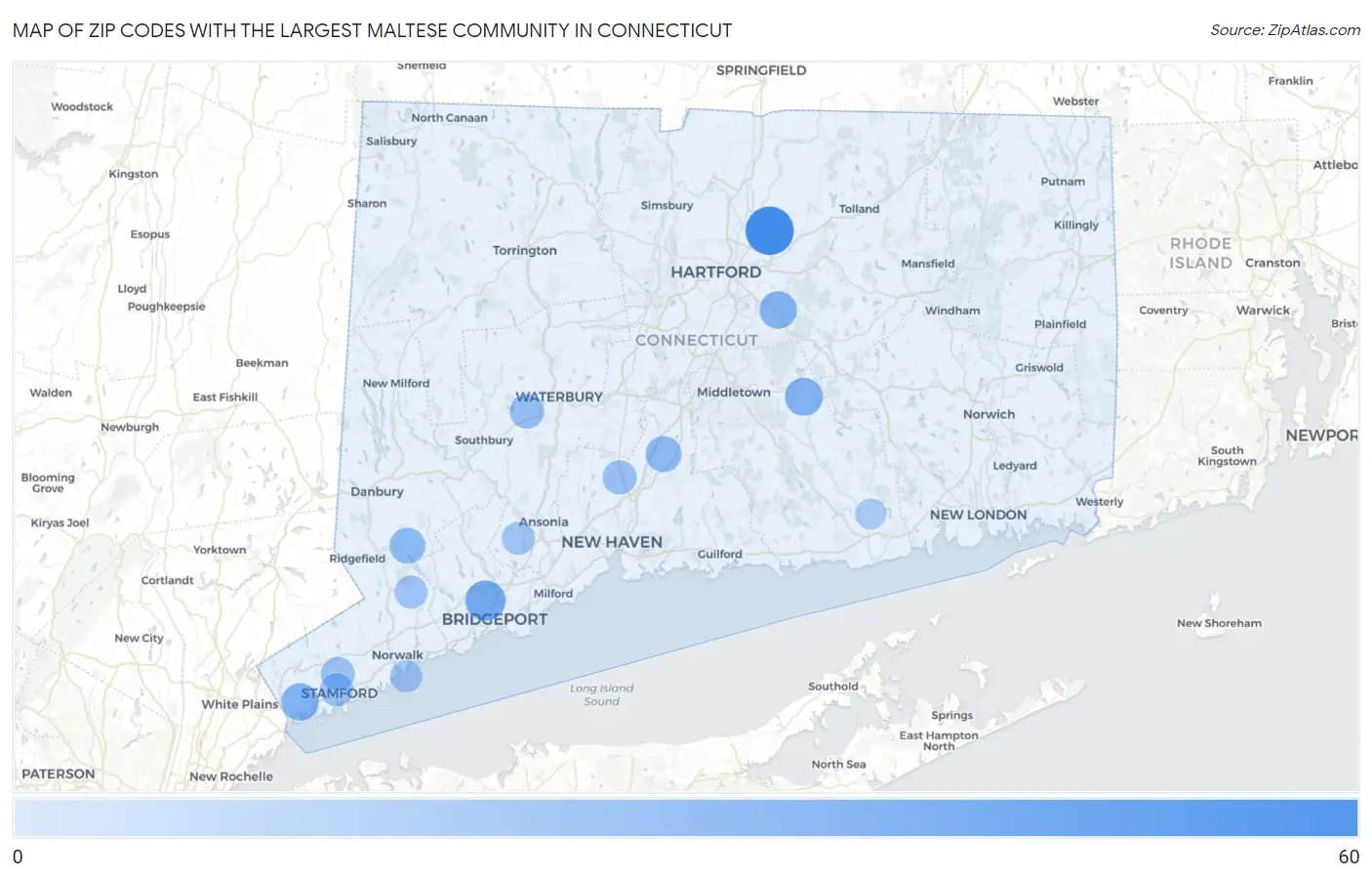 Zip Codes with the Largest Maltese Community in Connecticut Map