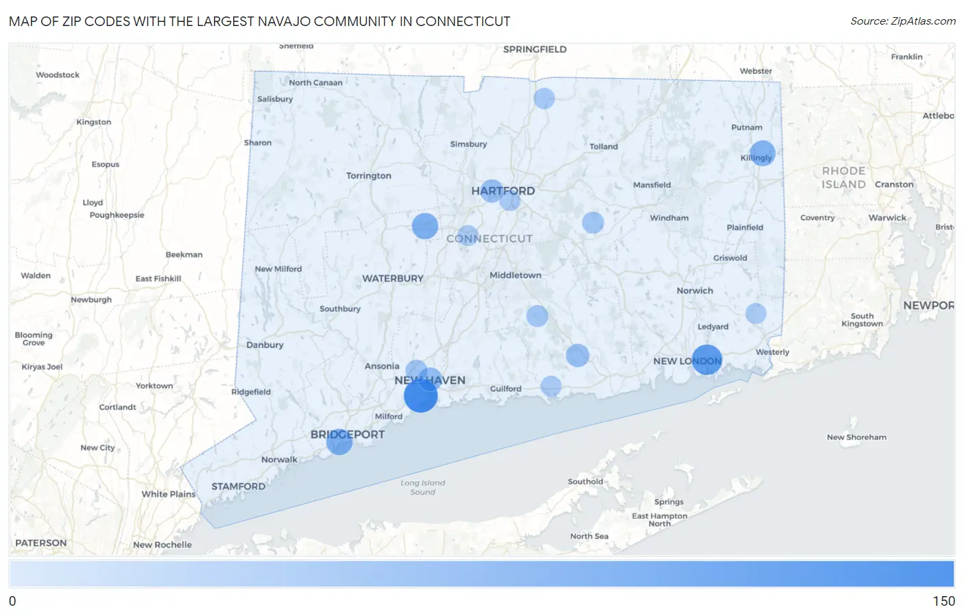 Zip Codes with the Largest Navajo Community in Connecticut Map