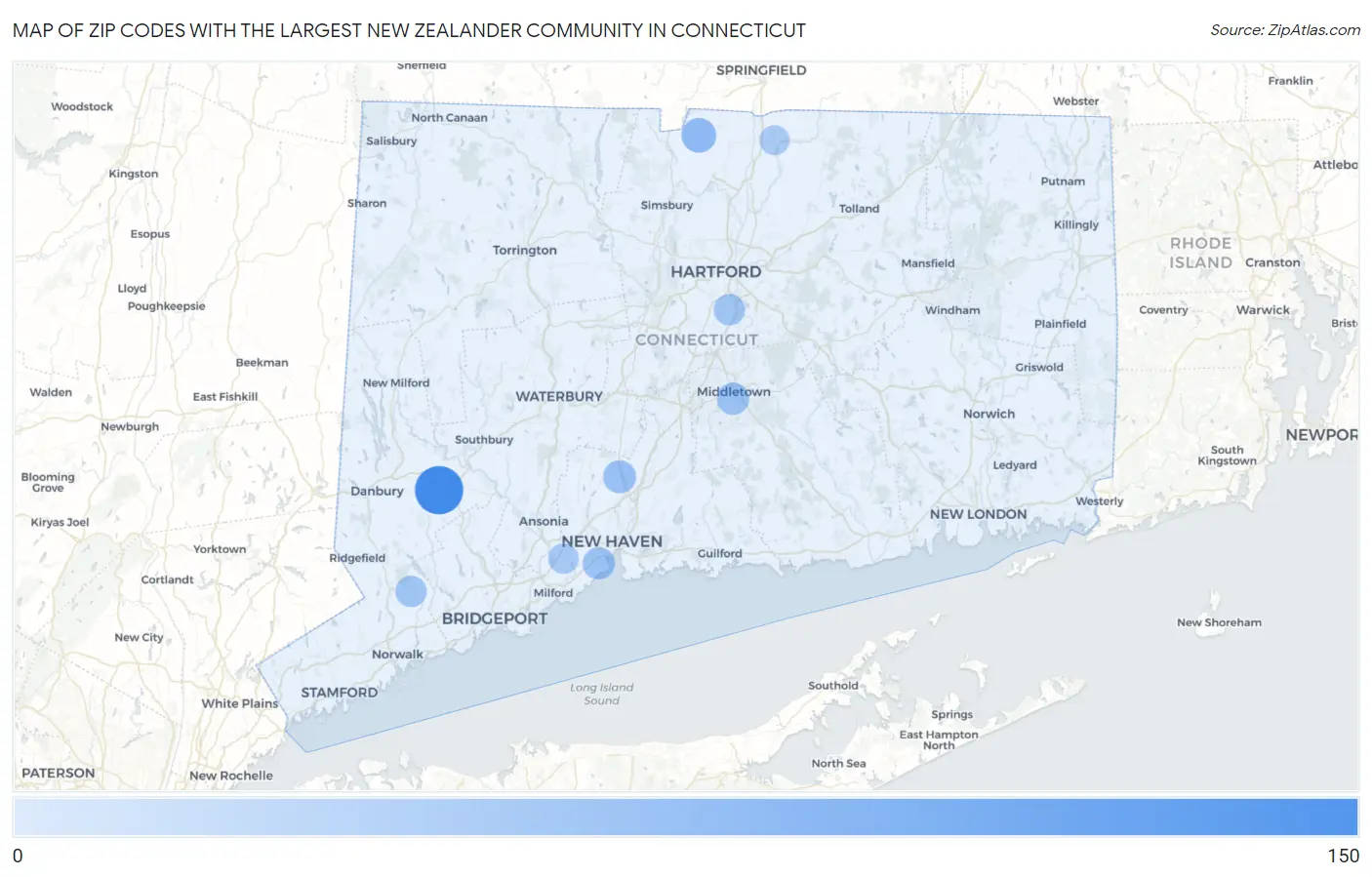 Zip Codes with the Largest New Zealander Community in Connecticut Map