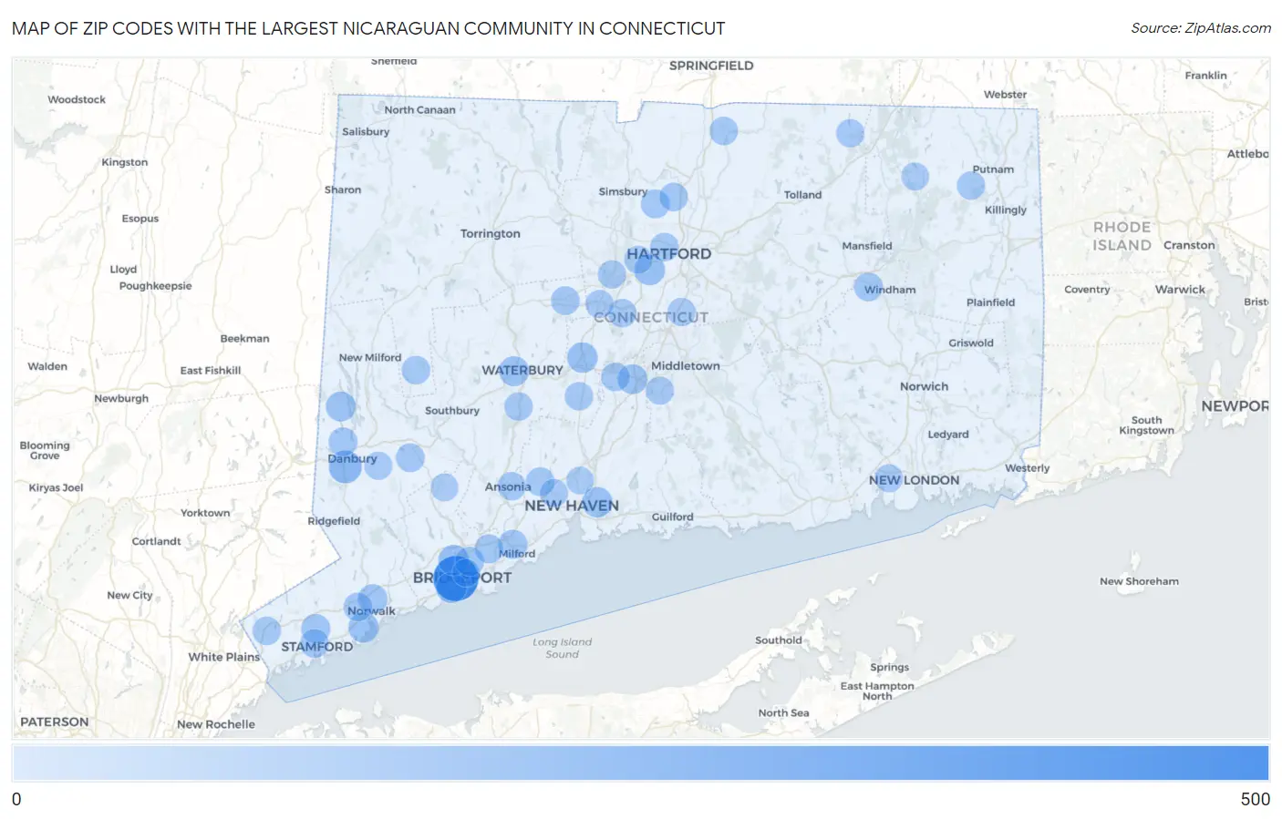 Zip Codes with the Largest Nicaraguan Community in Connecticut Map