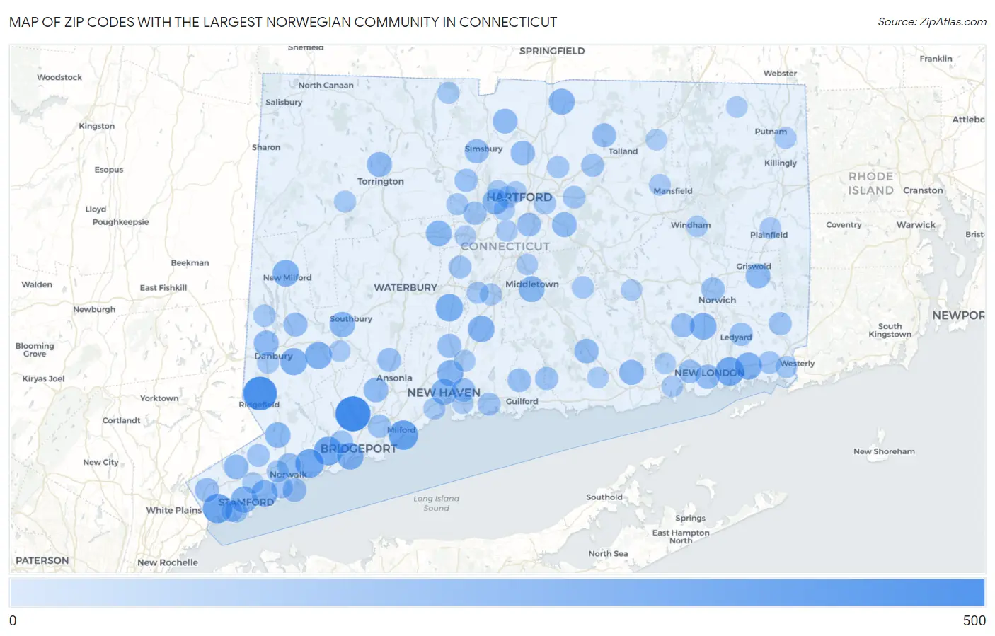Zip Codes with the Largest Norwegian Community in Connecticut Map