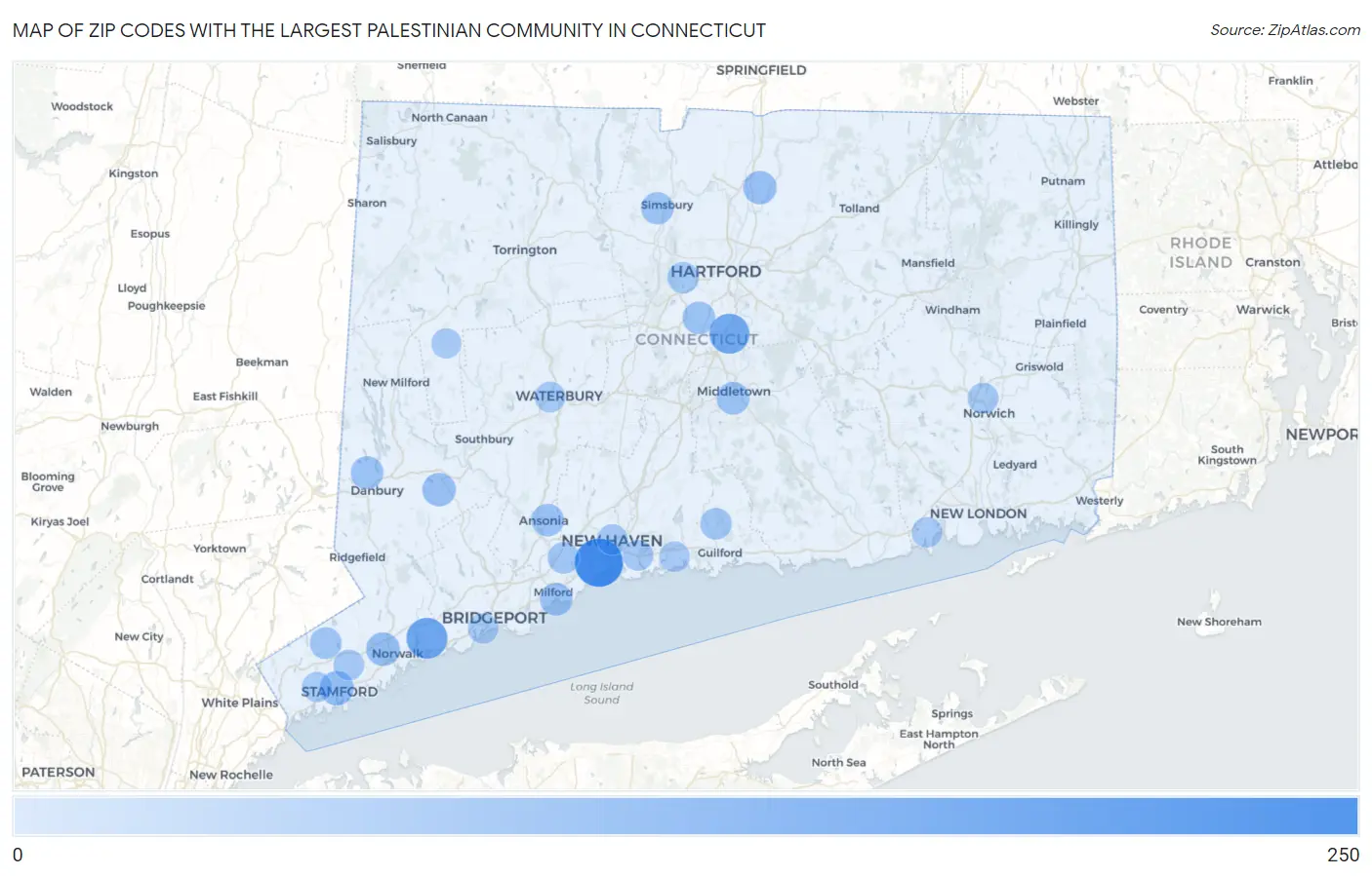 Zip Codes with the Largest Palestinian Community in Connecticut Map