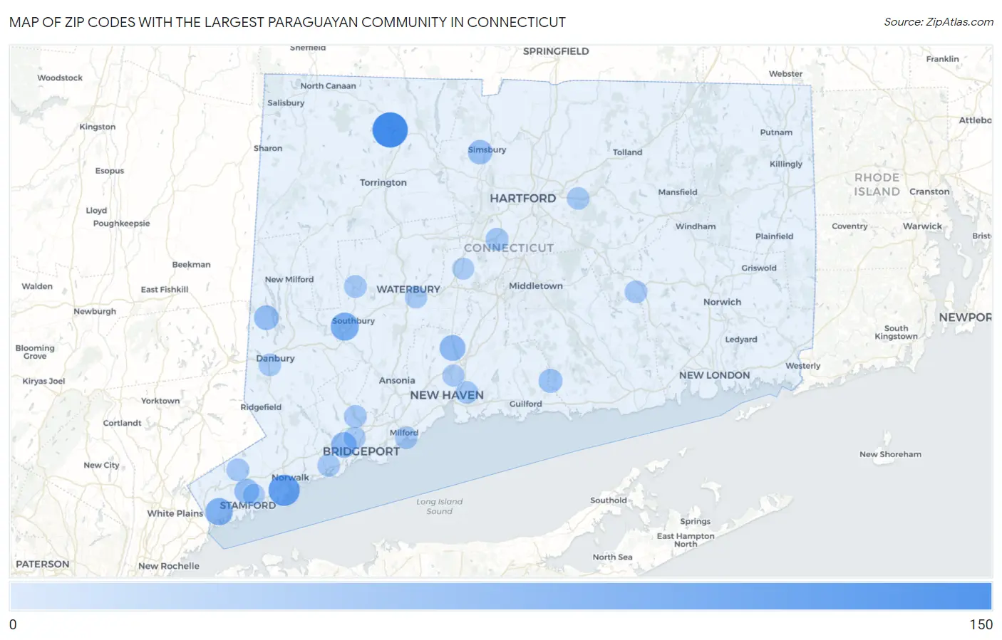 Zip Codes with the Largest Paraguayan Community in Connecticut Map