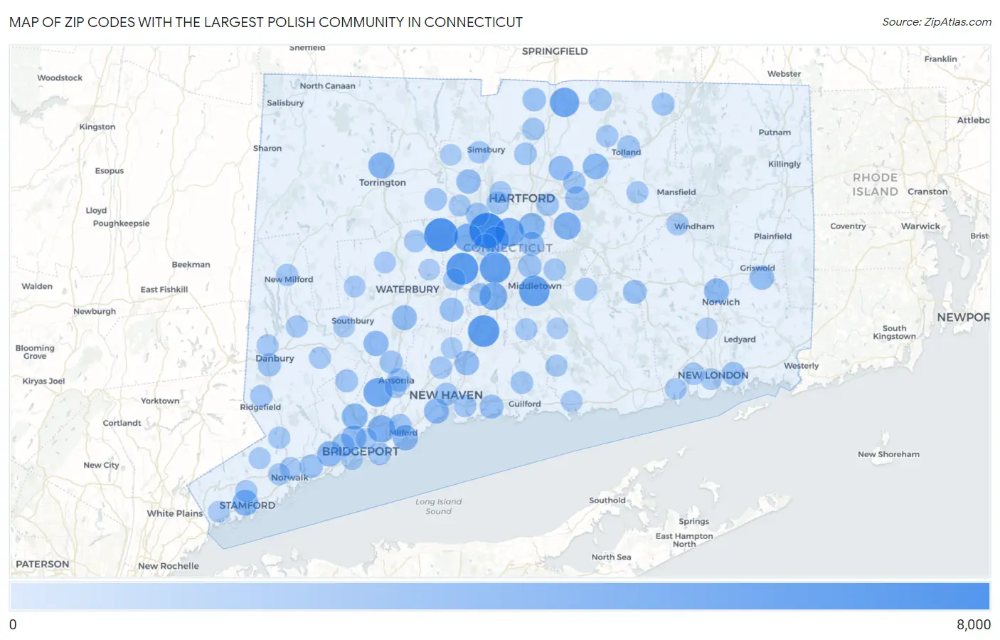 Zip Codes with the Largest Polish Community in Connecticut Map