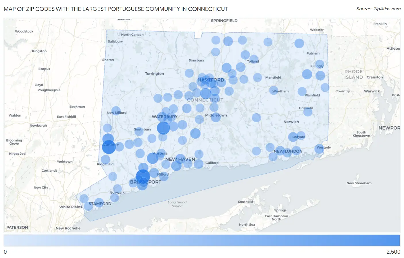 Zip Codes with the Largest Portuguese Community in Connecticut Map