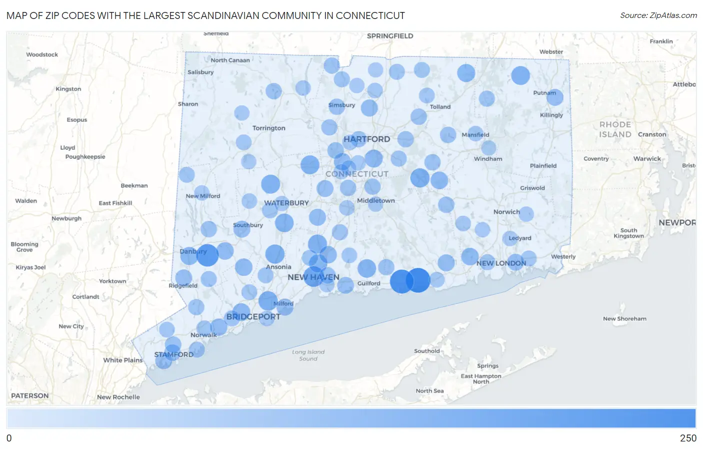 Zip Codes with the Largest Scandinavian Community in Connecticut Map