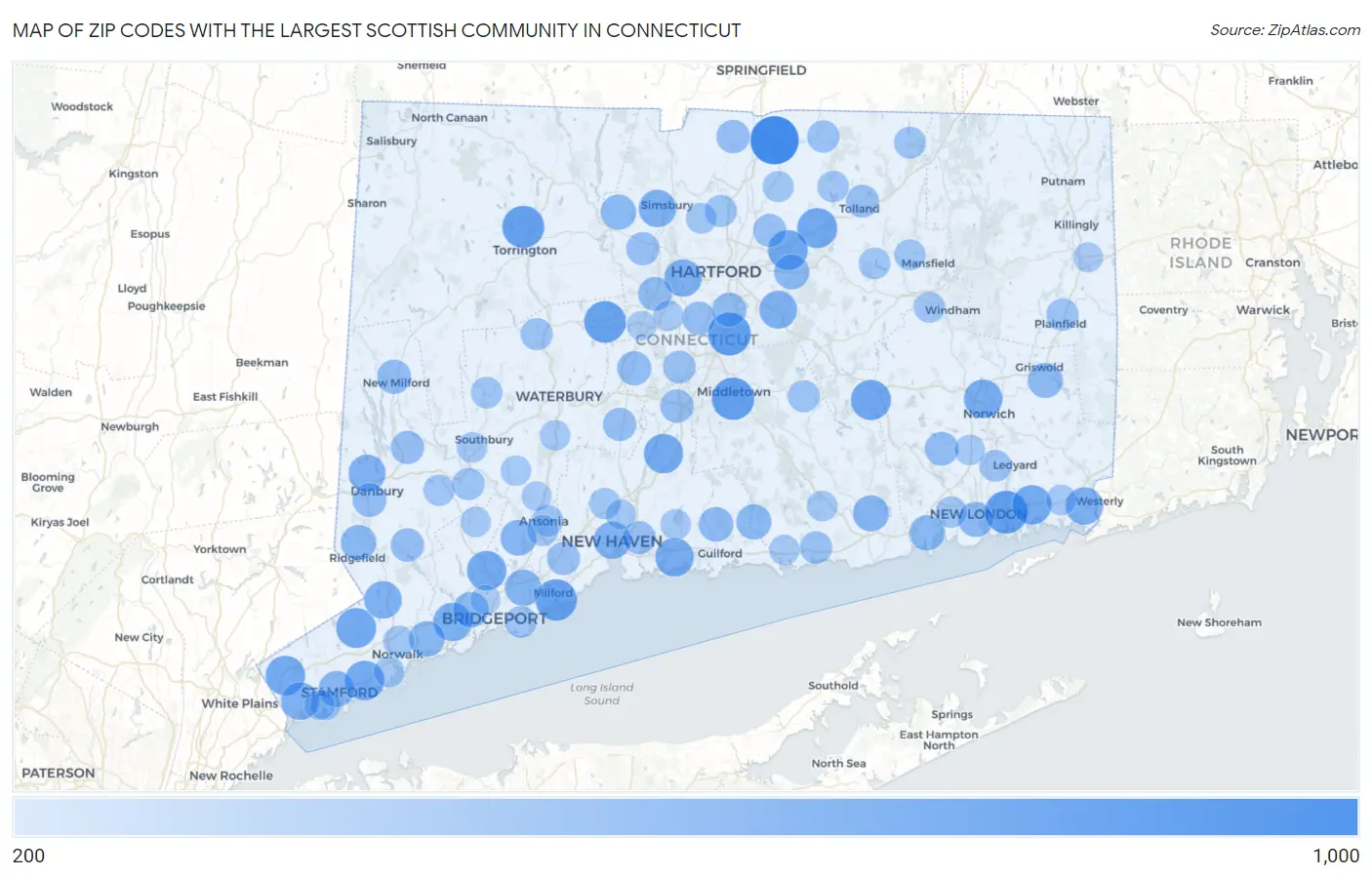 Zip Codes with the Largest Scottish Community in Connecticut Map