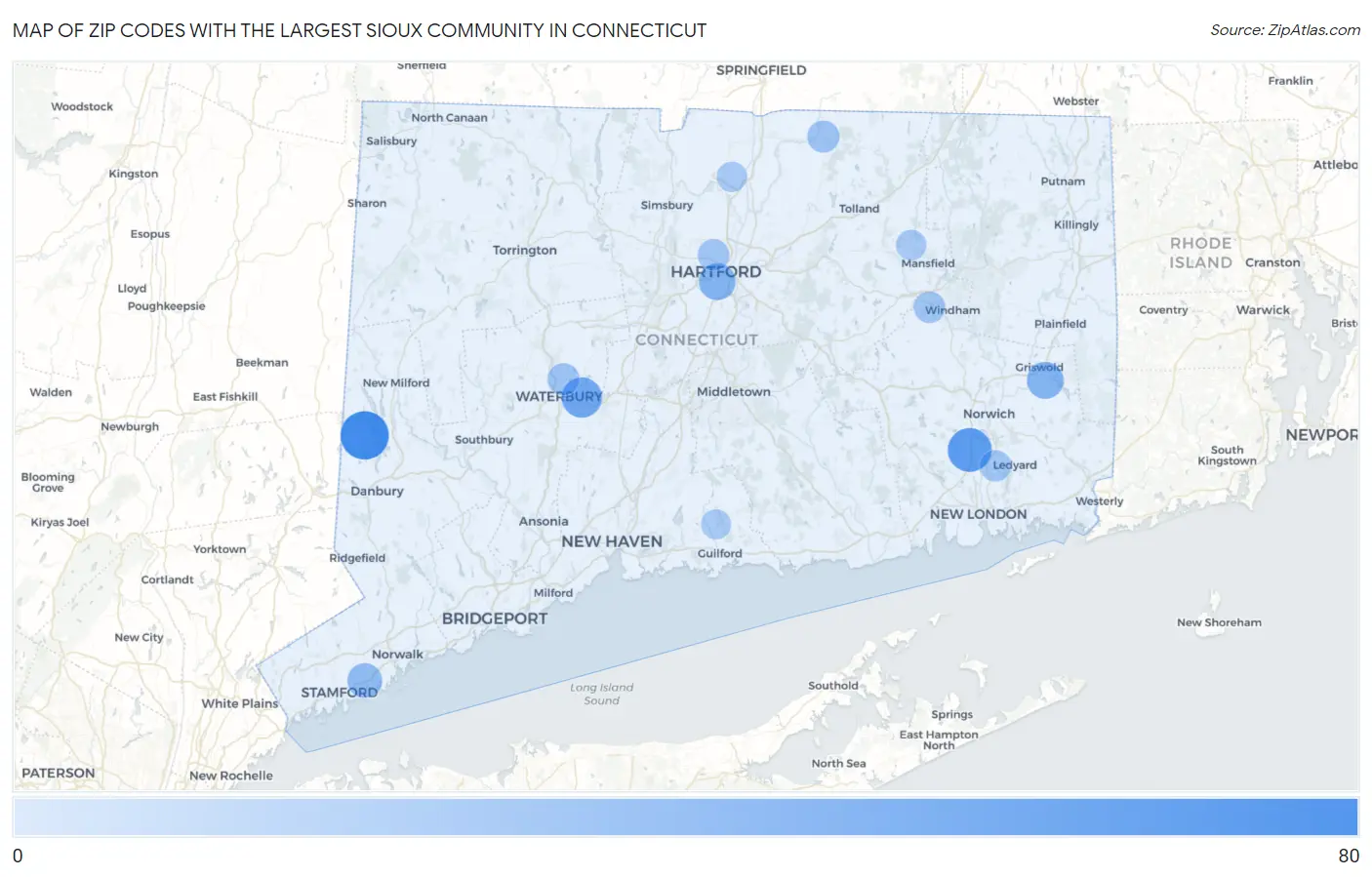 Zip Codes with the Largest Sioux Community in Connecticut Map