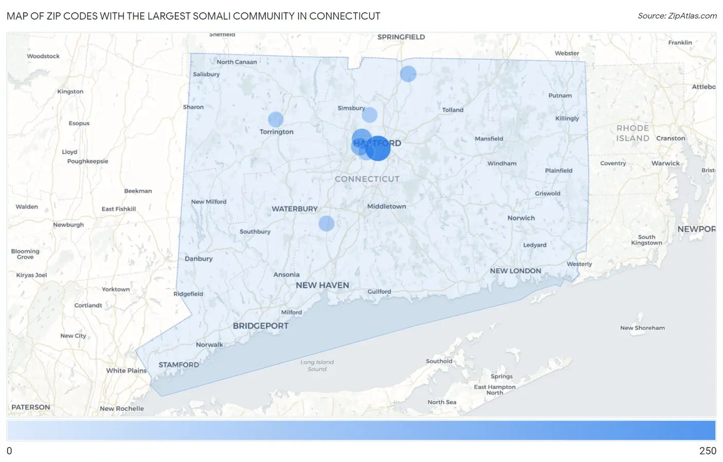 Zip Codes with the Largest Somali Community in Connecticut Map