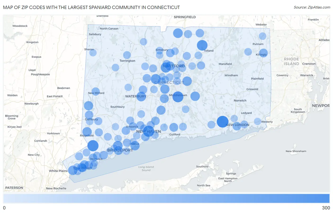 Zip Codes with the Largest Spaniard Community in Connecticut Map