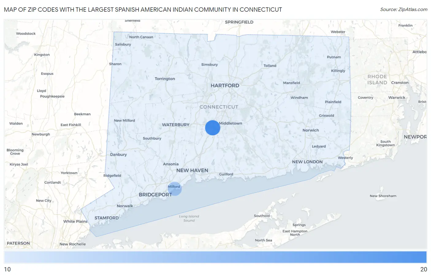 Zip Codes with the Largest Spanish American Indian Community in Connecticut Map