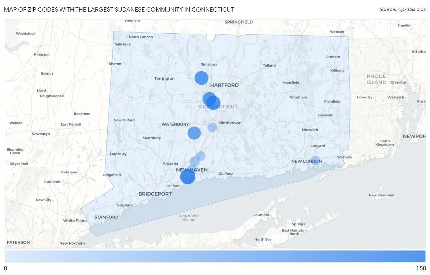 Zip Codes with the Largest Sudanese Community in Connecticut Map