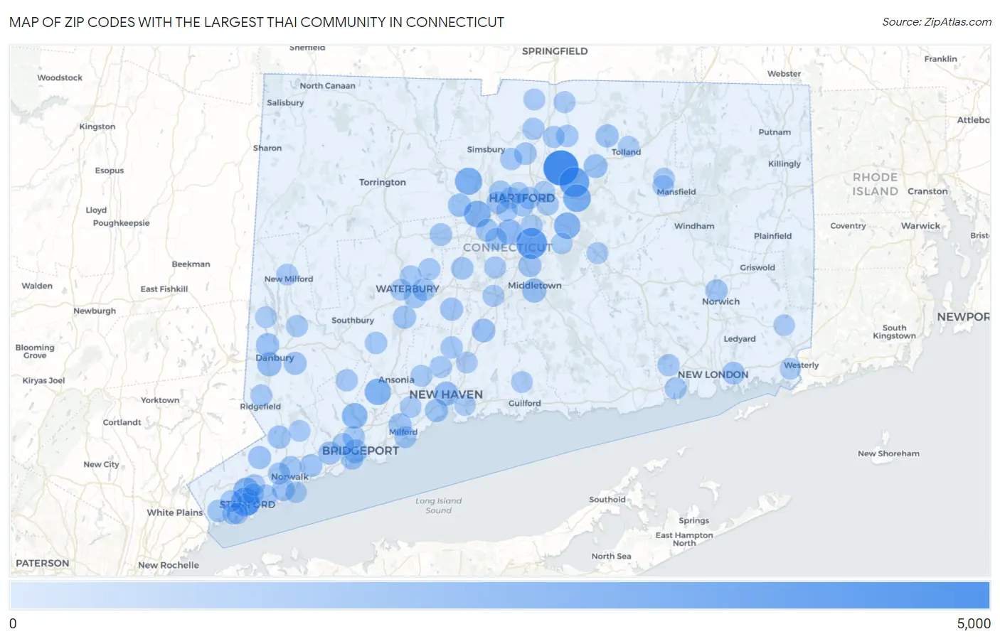 Zip Codes with the Largest Thai Community in Connecticut Map