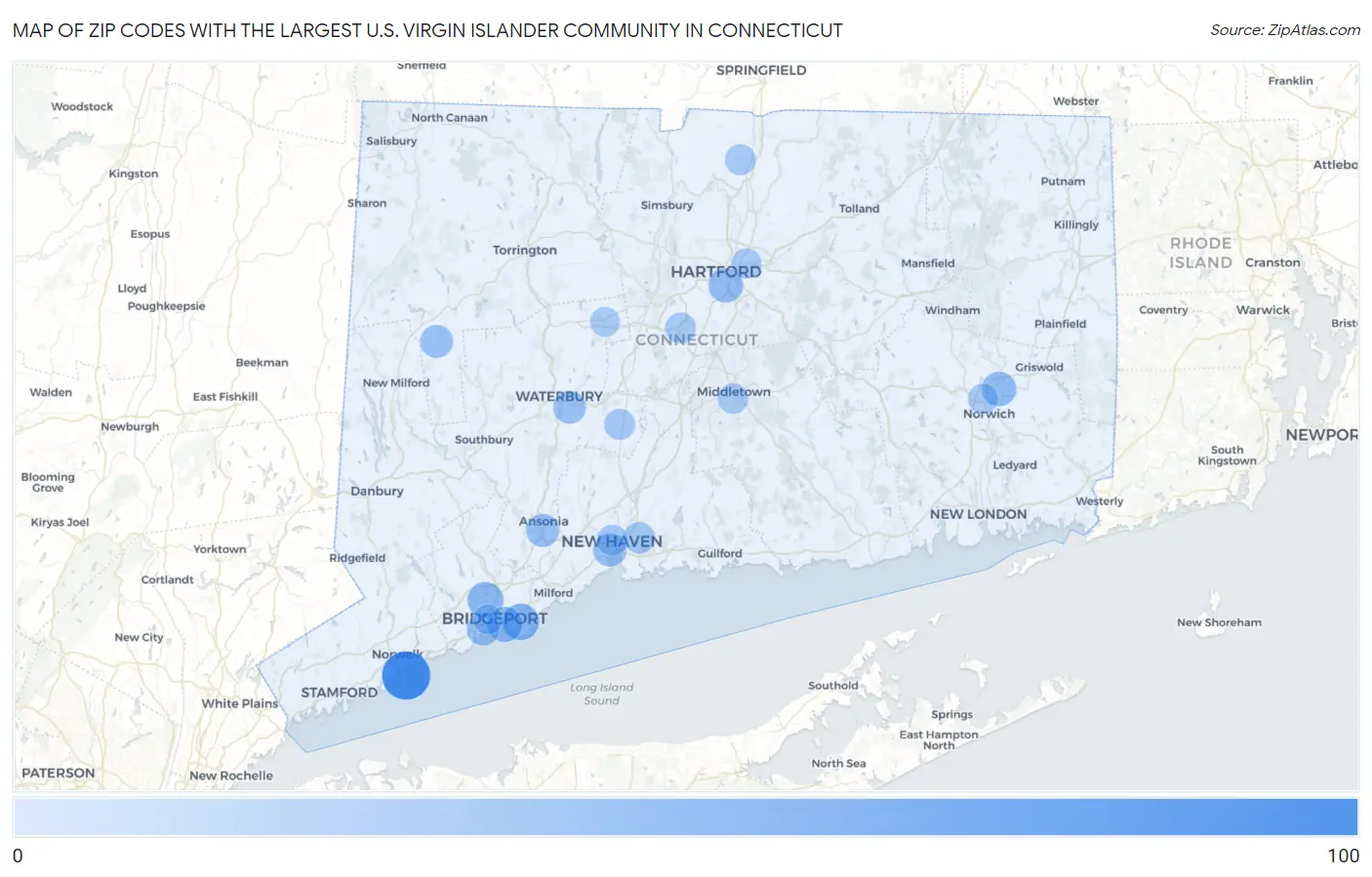 Zip Codes with the Largest U.S. Virgin Islander Community in Connecticut Map