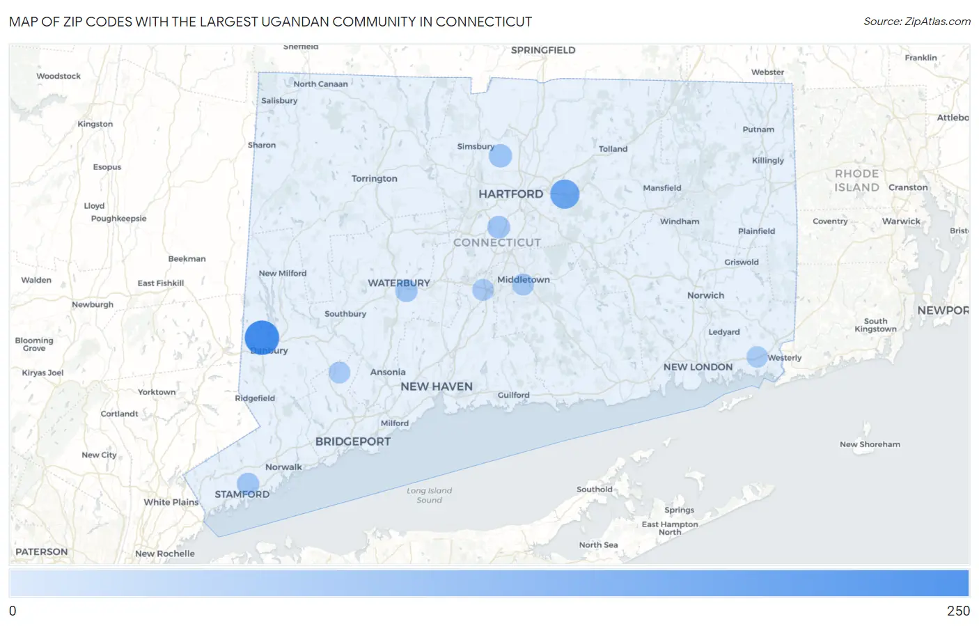 Zip Codes with the Largest Ugandan Community in Connecticut Map