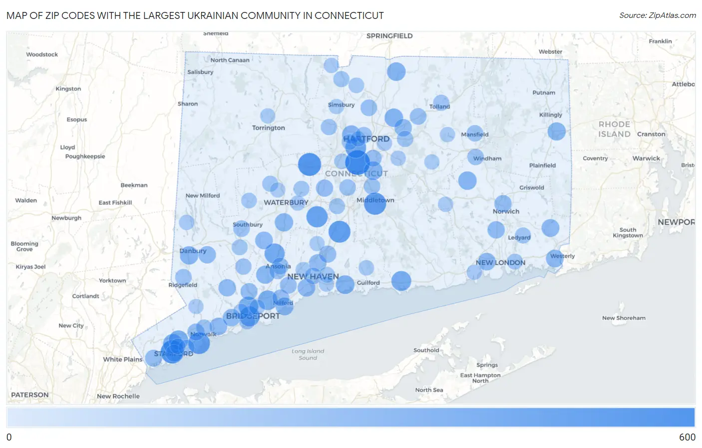 Zip Codes with the Largest Ukrainian Community in Connecticut Map