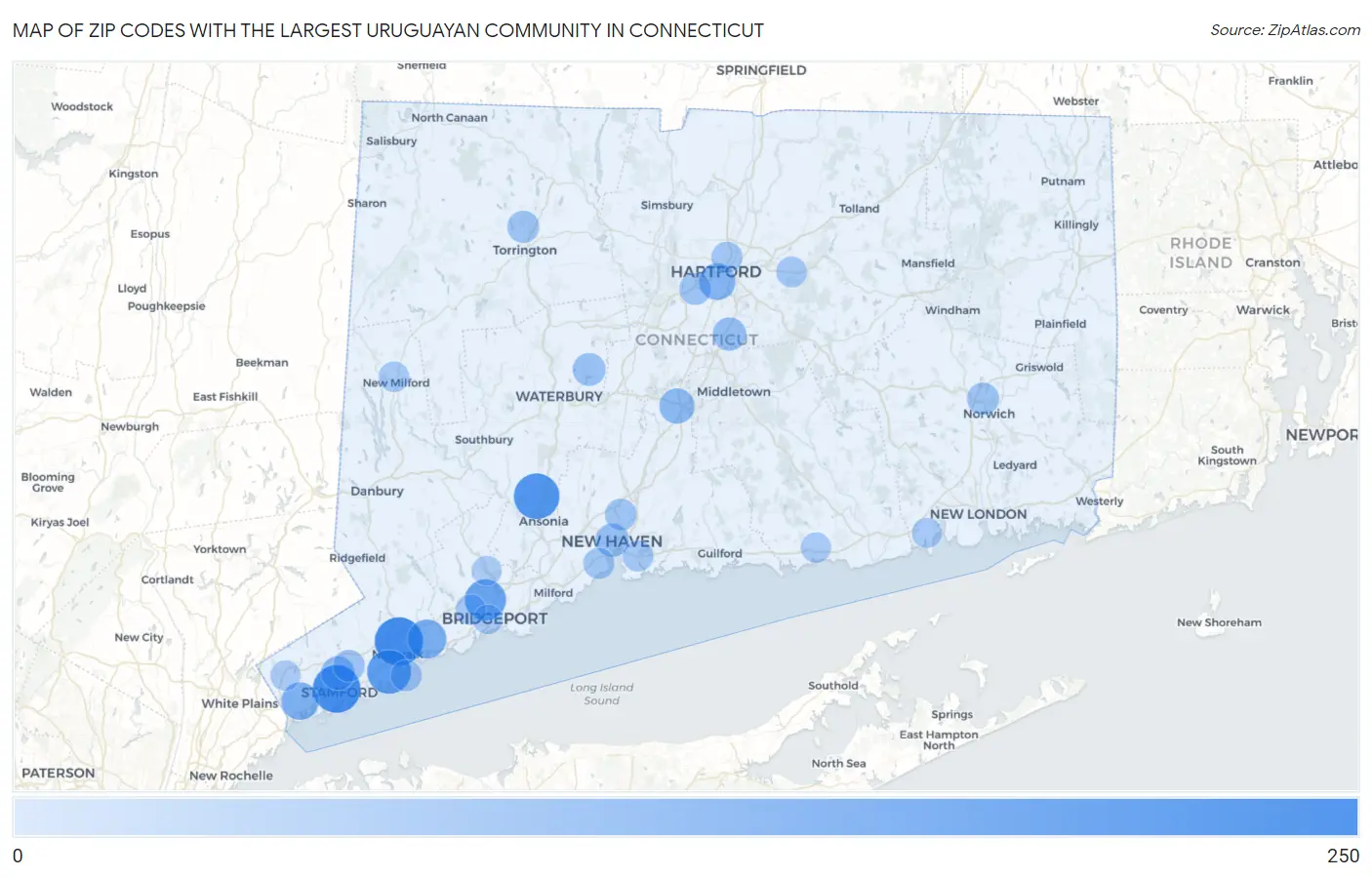 Zip Codes with the Largest Uruguayan Community in Connecticut Map
