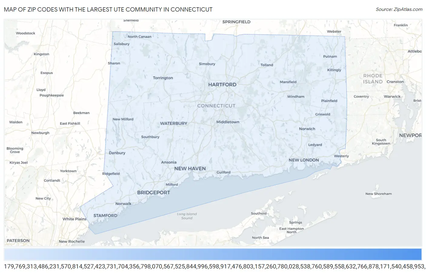 Zip Codes with the Largest Ute Community in Connecticut Map