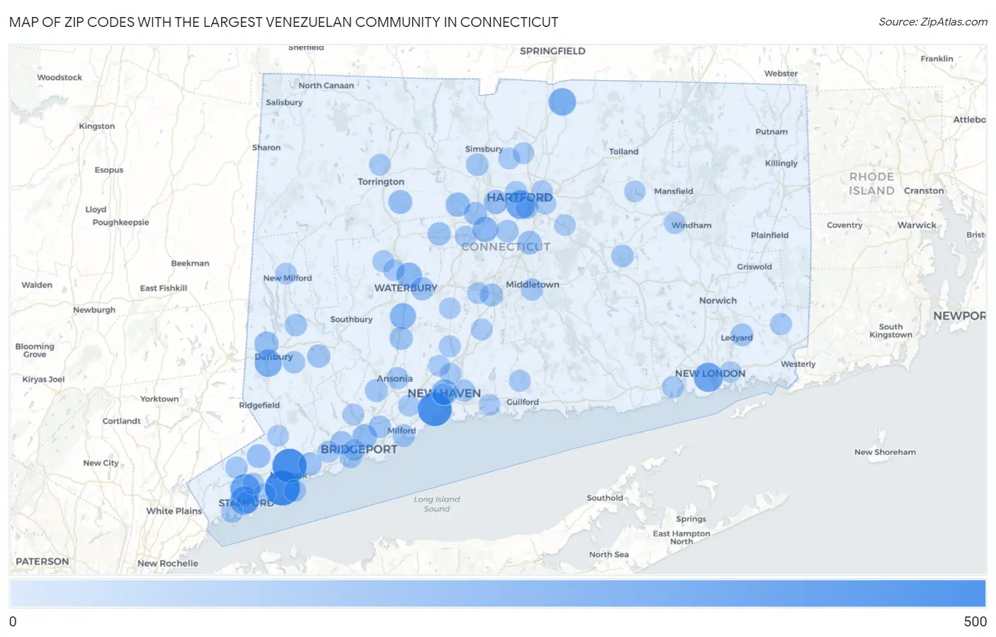 Zip Codes with the Largest Venezuelan Community in Connecticut Map