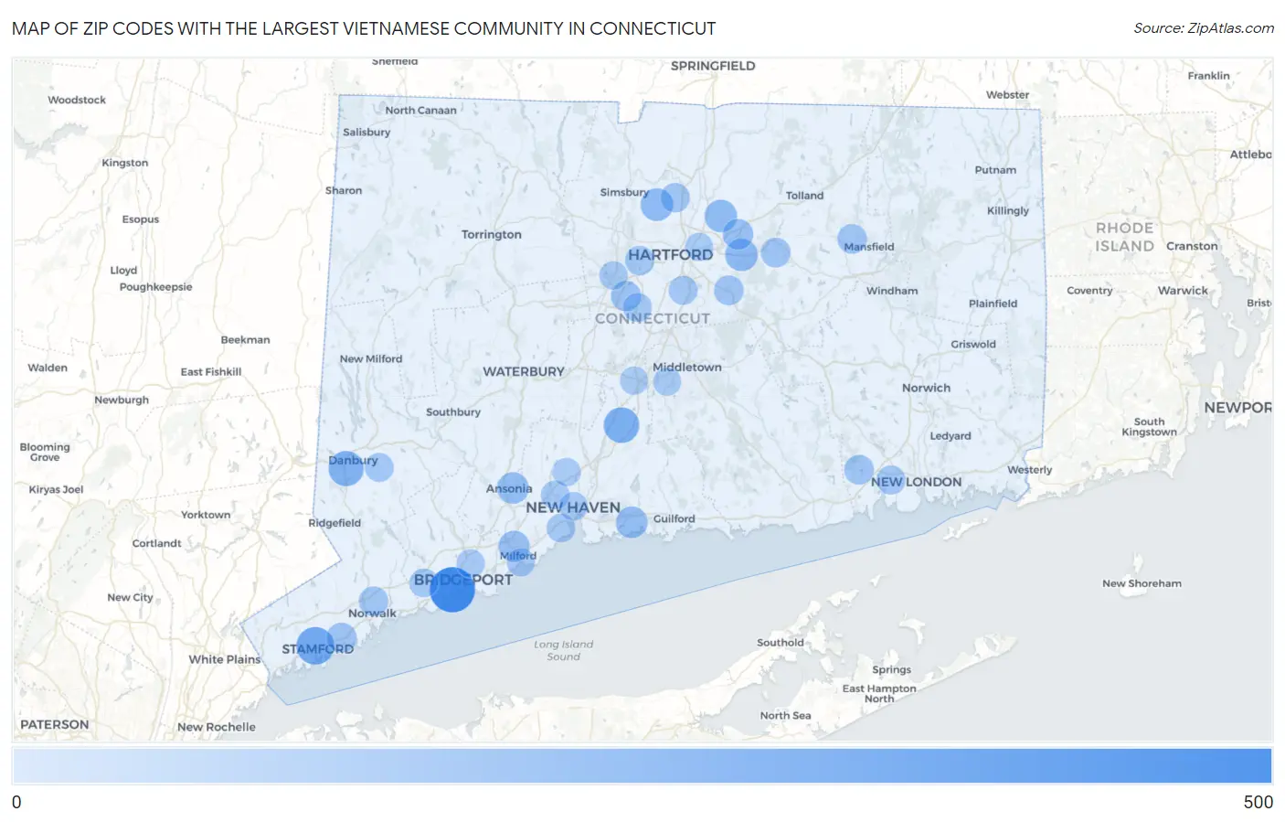 Zip Codes with the Largest Vietnamese Community in Connecticut Map