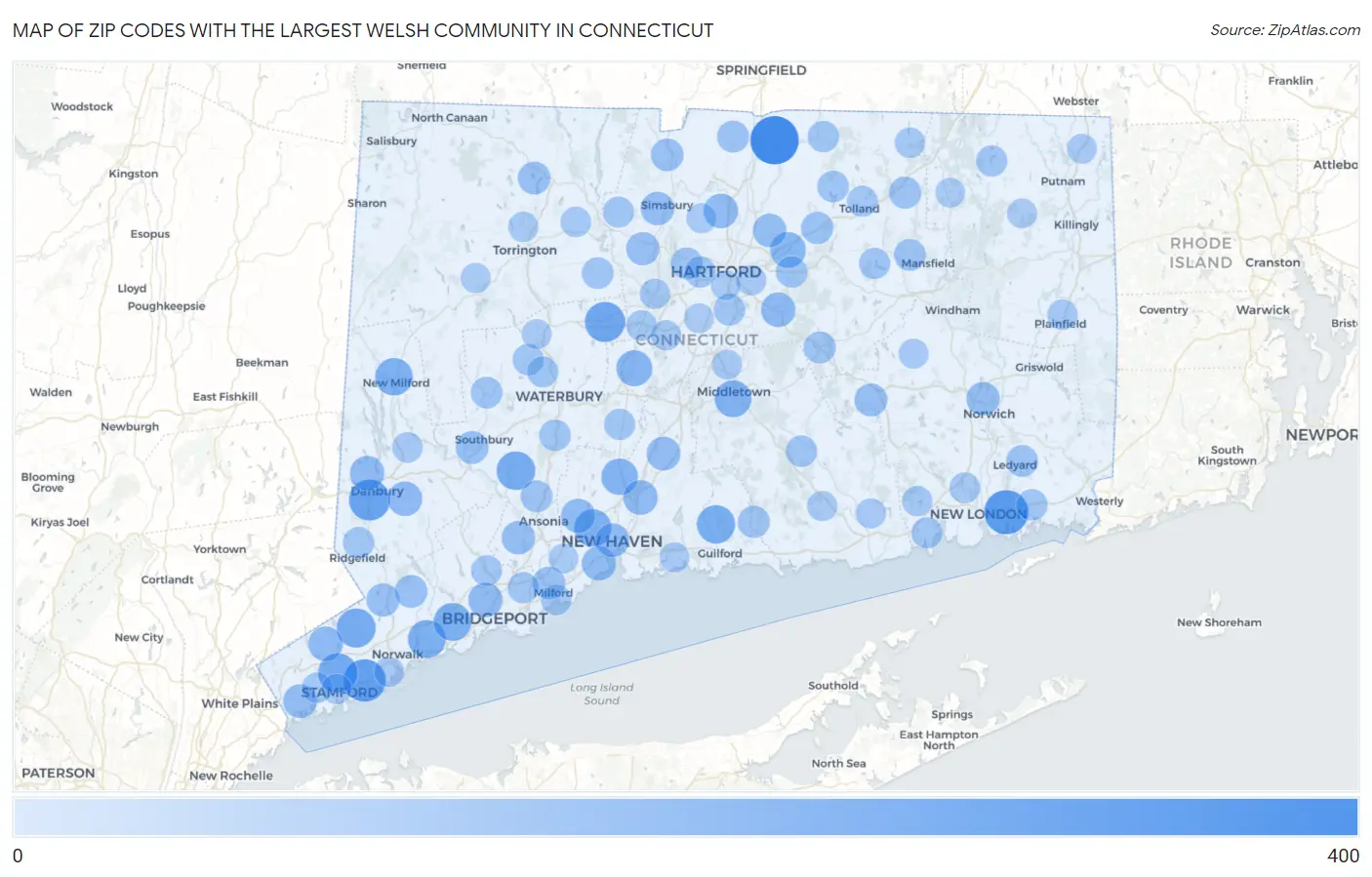 Zip Codes with the Largest Welsh Community in Connecticut Map