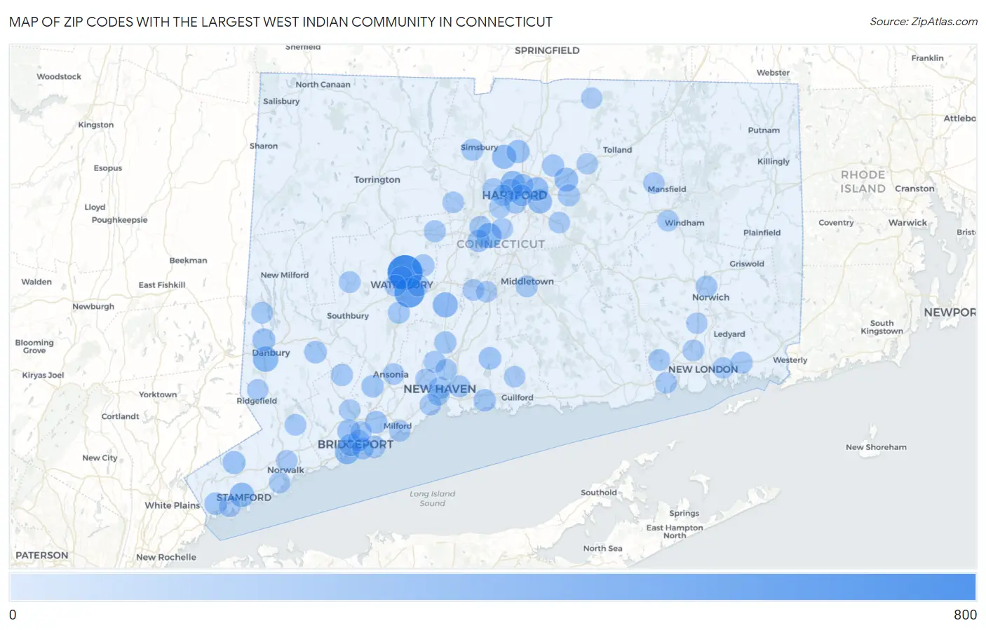 Zip Codes with the Largest West Indian Community in Connecticut Map