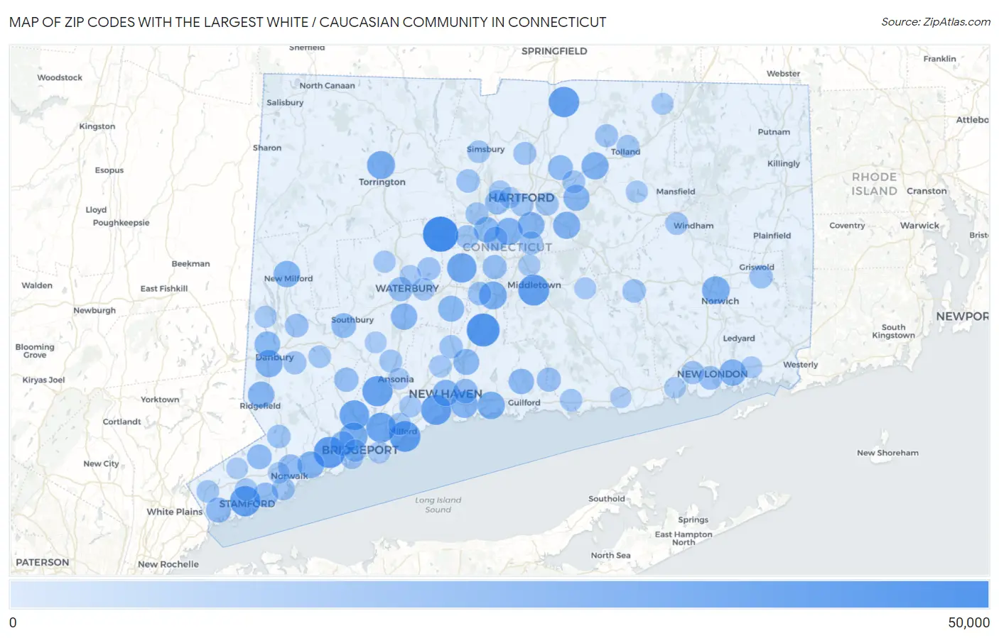 Zip Codes with the Largest White / Caucasian Community in Connecticut Map