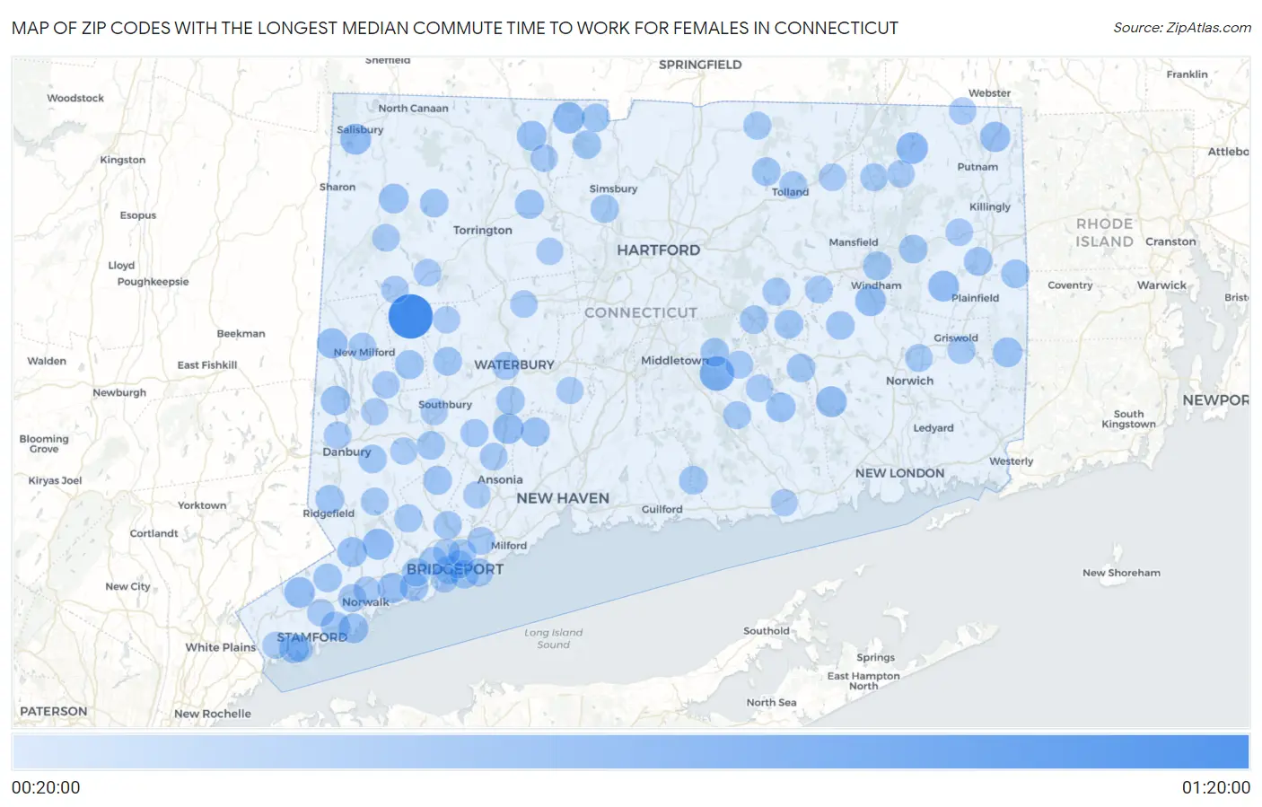 Zip Codes with the Longest Median Commute Time to Work for Females in Connecticut Map