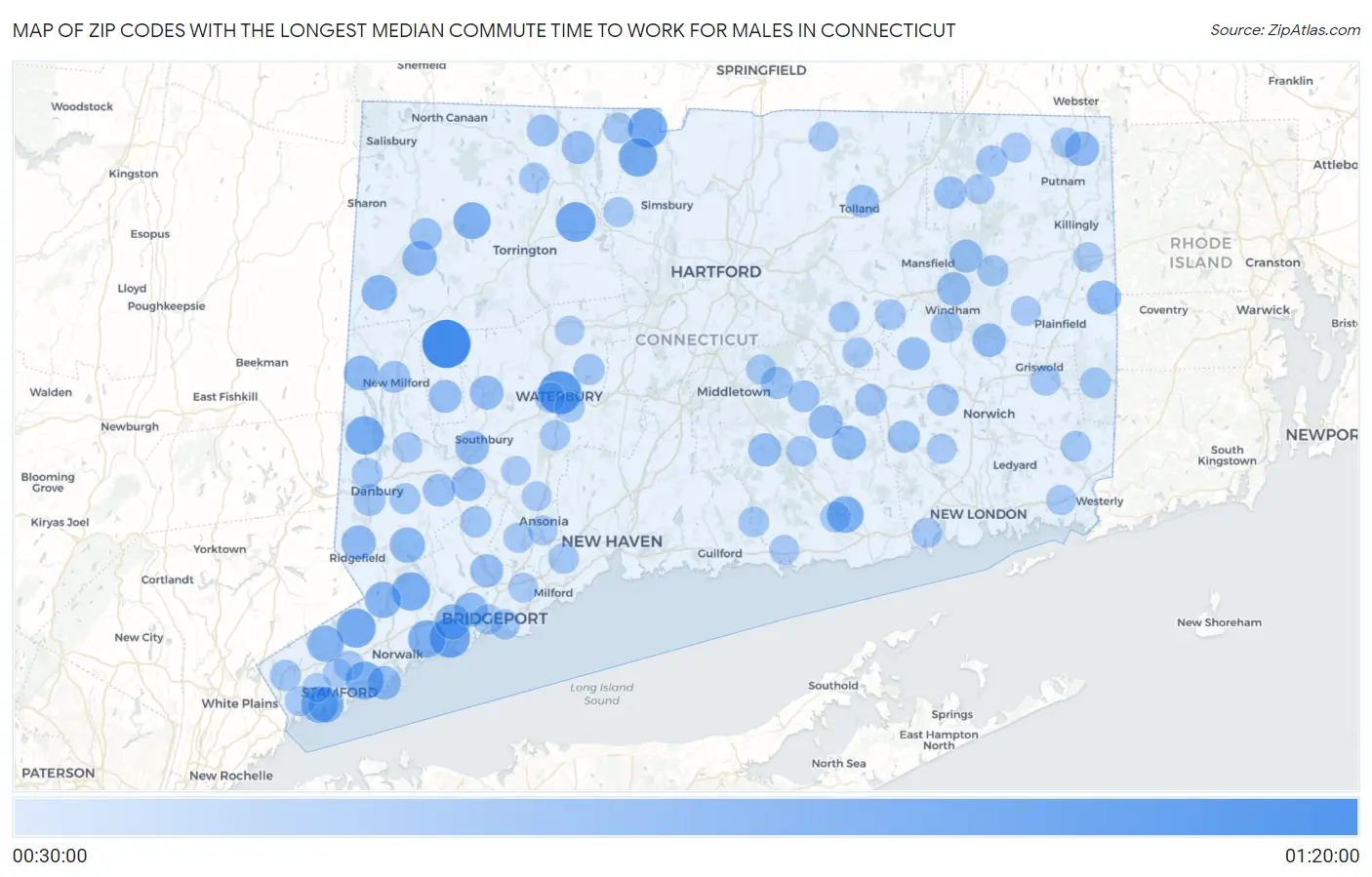 Zip Codes with the Longest Median Commute Time to Work for Males in Connecticut Map