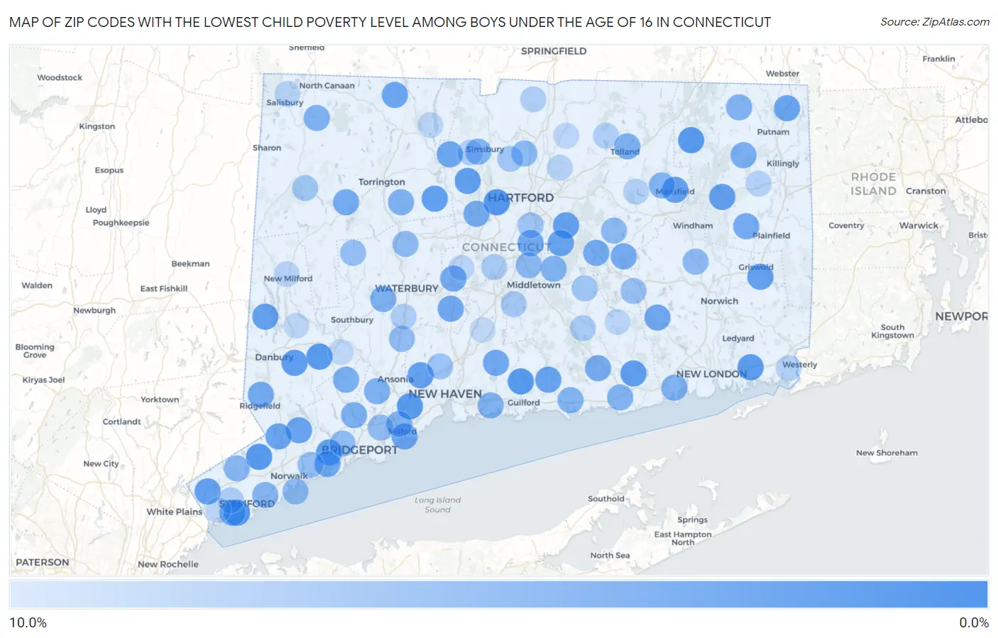 Zip Codes with the Lowest Child Poverty Level Among Boys Under the Age of 16 in Connecticut Map