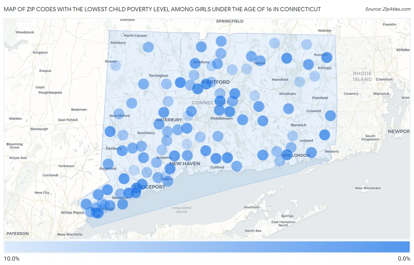 Zip Codes with the Lowest Child Poverty Level Among Girls Under the Age of 16 in Connecticut Map