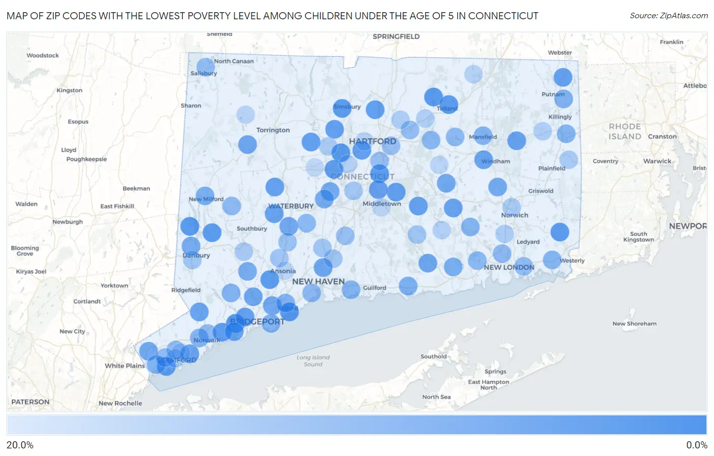 Zip Codes with the Lowest Poverty Level Among Children Under the Age of 5 in Connecticut Map